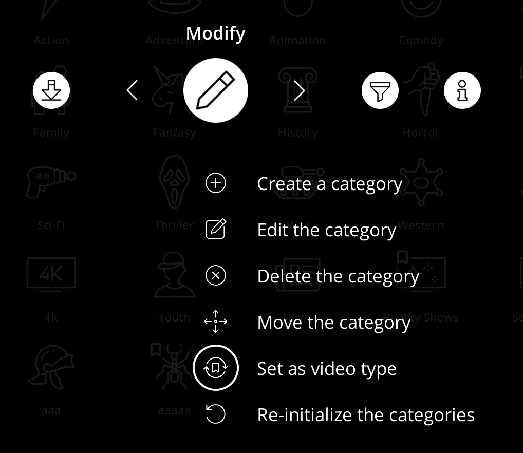 R_video Modify menu with options to create, edit, delete and move movie categories