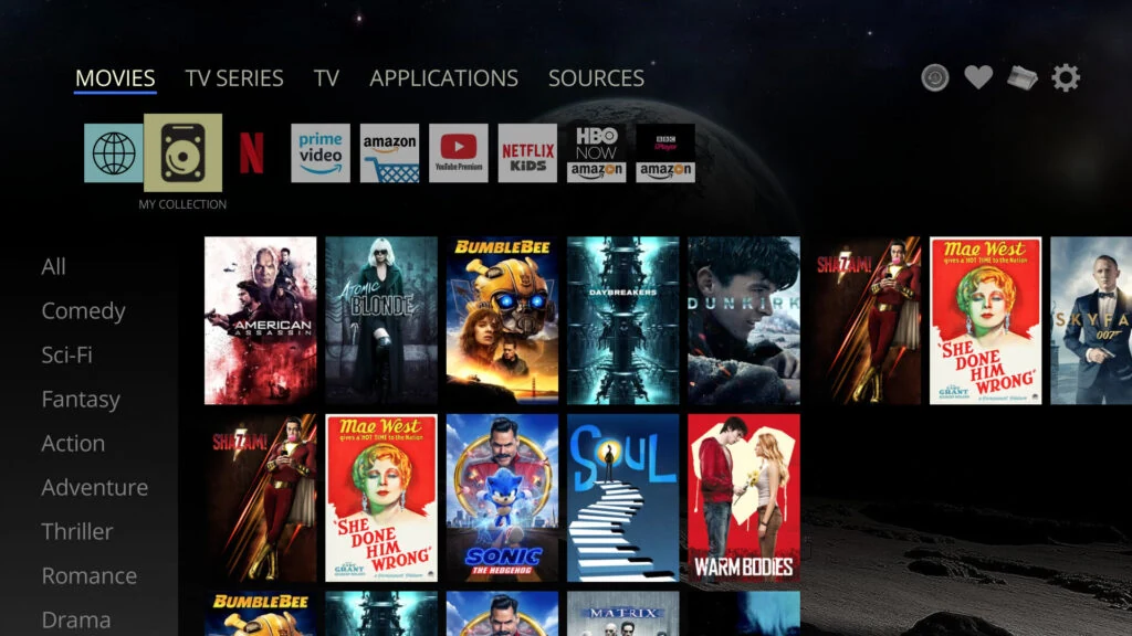 Dune HD graphical user interface with movie artwork and library navigation