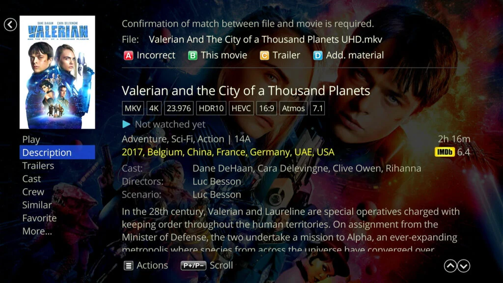 Dune HD movie information screen showing file matching, video format and cast details
