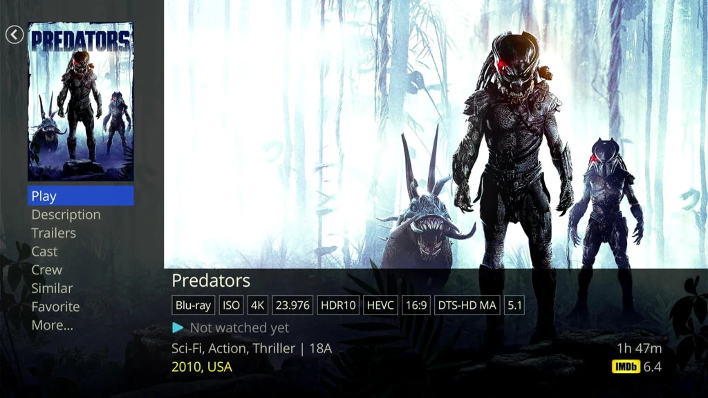 Dune HD movie playback screen showing artwork, playback options and video and audio formats