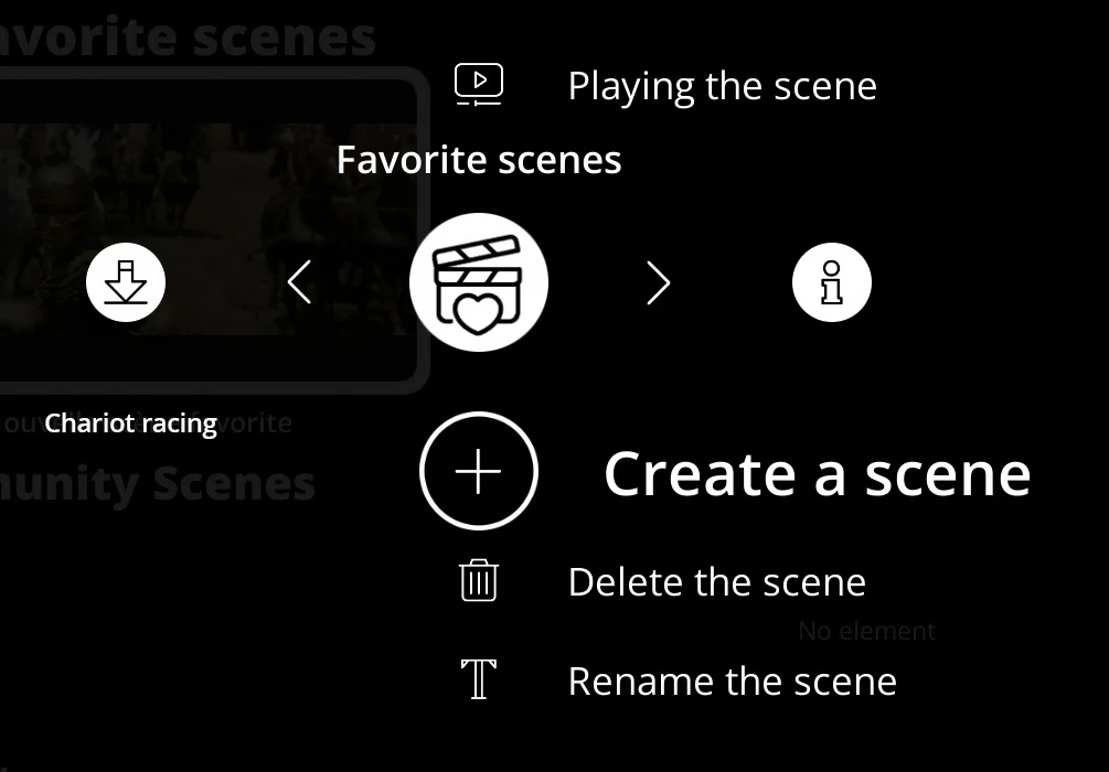 R_video Favorite Scenes menu with options to create, play, delete and rename a movie scene