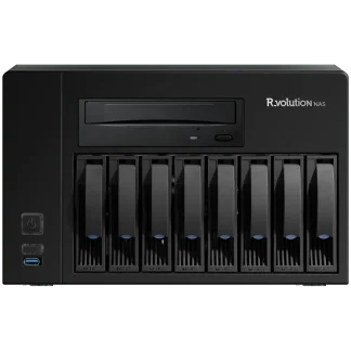 R_volution NAS front view with eight drive bays and an optical disc drive