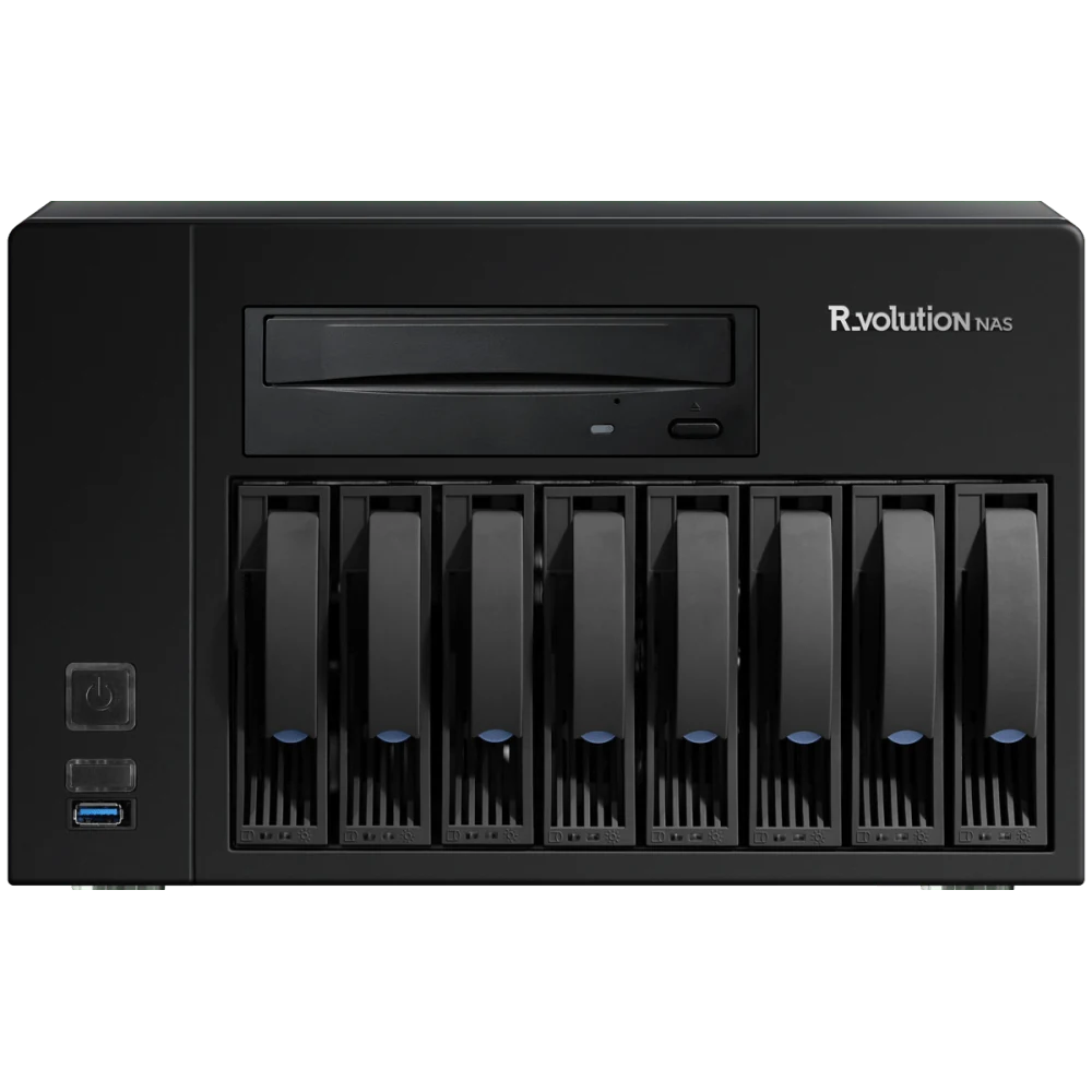 R_volution NAS front view with eight drive bays and an optical disc drive
