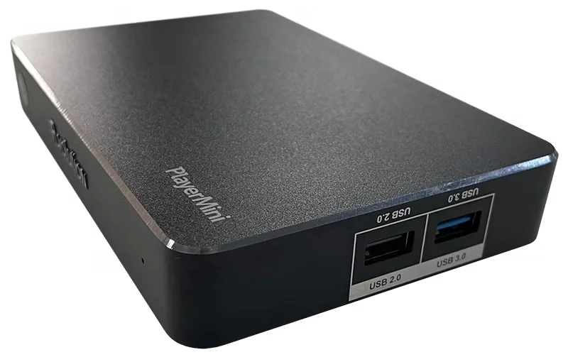 R_volution PlayerMini media player, right-side view showing USB 2.0 and USB 3.0 ports