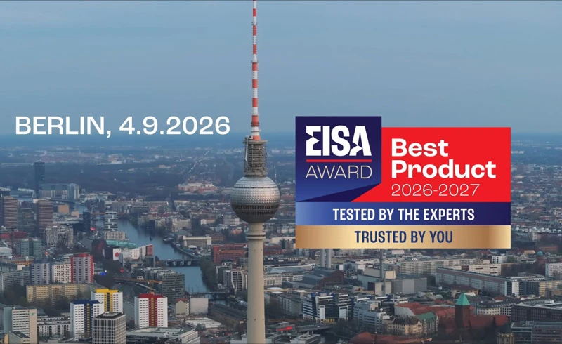 Berlin skyline with the EISA Best Product 2026–2027 awards graphic