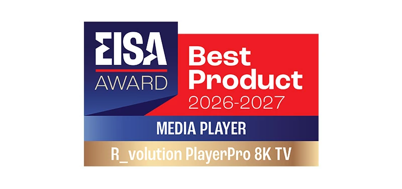 EISA Media Player 2026–2027 award badge for the R_volution PlayerPro 8K TV